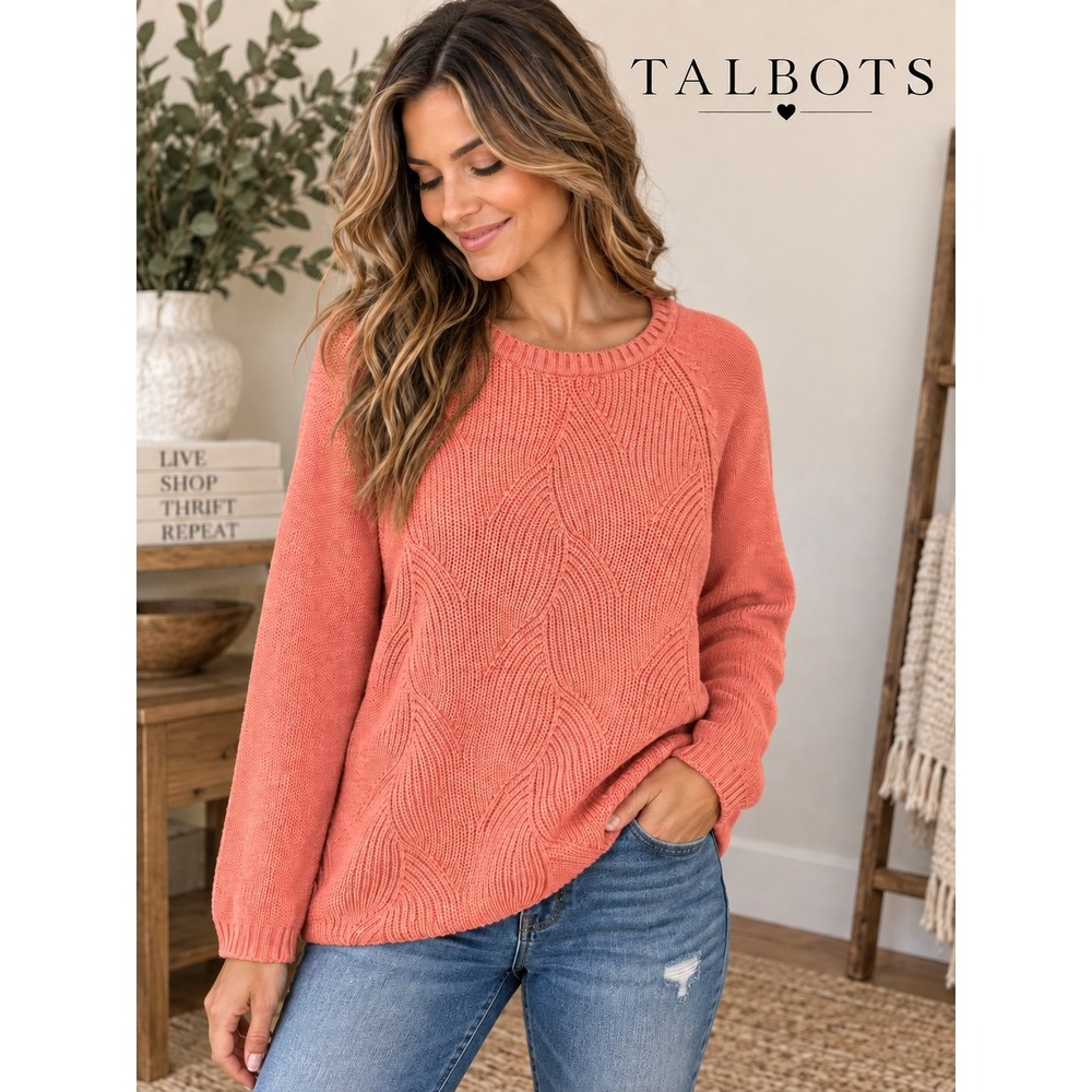 Talbots Petite XL Coral Pink Textured Chevron Knit Raglan Crewneck Sweater